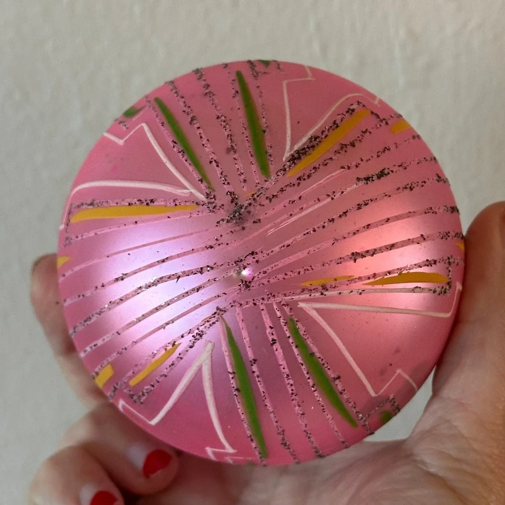 Vtg Poland Jumbo 4'' Polish Mica Ornament Pink Glass Christmas Ball MCM
